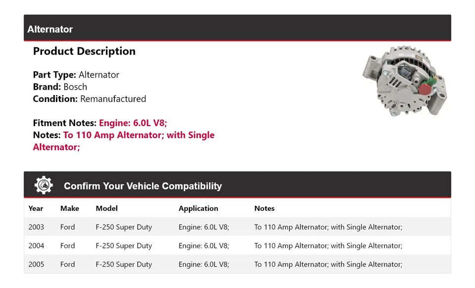 Alternador Bosch V8 6,0 L para Ford F-250 Super Duty 2003-2005 (remanufacturado) Foto 2 de 4