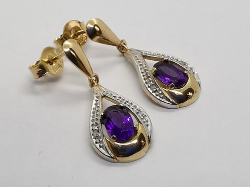 9ct 375 GOLD PURPLE AMETHYST DROP EARRINGS diamond accents butterfly stud 10x25m - Picture 10 of 12