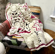 Anthropologie Aspen Knit Crochet Throw Blanket Wool Blend Ivory Pink 50 x 80 NEW