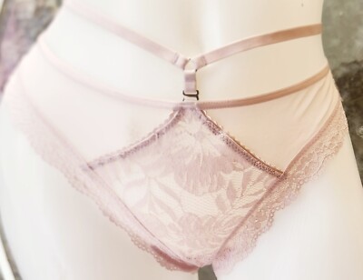Victorias secret L Rare Vintage Pink Lace Belted Thong Sheer Panty Floral 