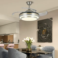 3 Color LED Chandelier Light 42" Retractable Ceiling Fan Lamp W/ Remote New