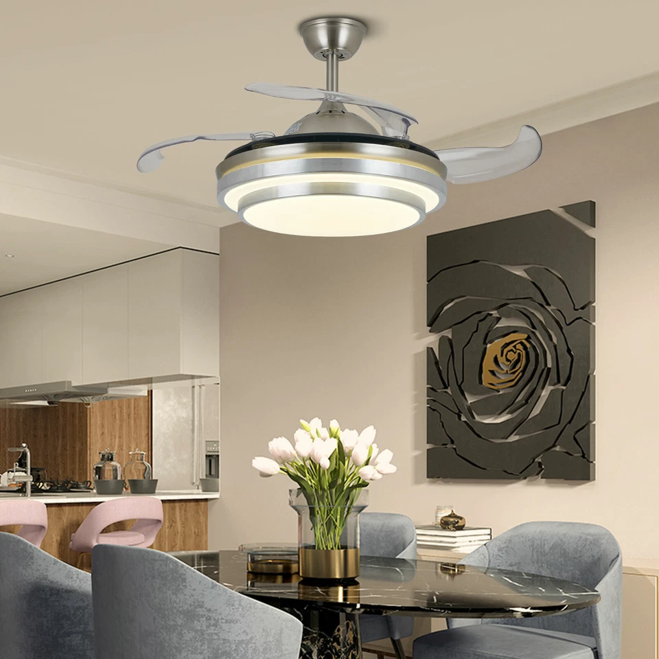 42" Retractable Ceiling Fan Lamp 3 Color LED Chandelier Light W/ Remote New - Image 4 of 4