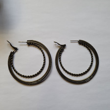 Vintage Antiqued Gold Tone Large Double Hoop Earrings
