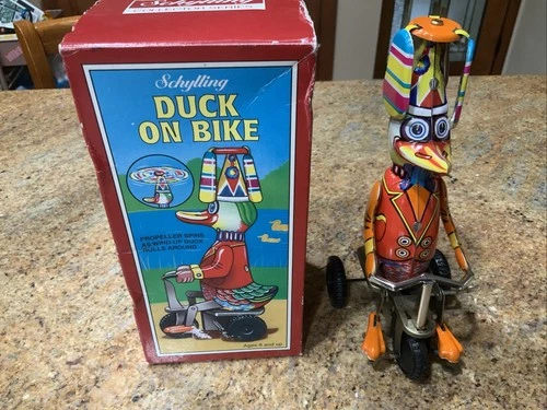 Schylling Duck on Bike Wind-Up Tin Toy w/Box — Collector Series — Vintage Style