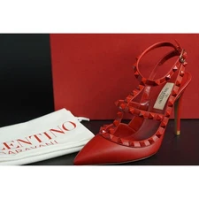 Valentino Rockstud Ankle Strap Pumps 100MM Red T-Strap Pointed SZ 35.5 NIB $1095