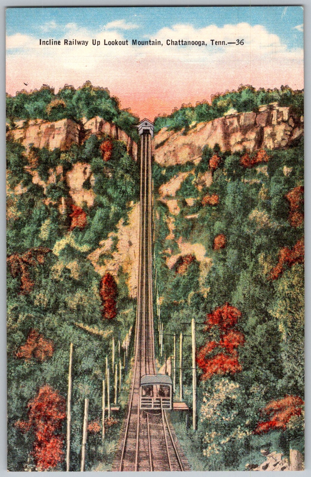 Vtg Linen Postcard Incline Railway Cable Car Chattanooga, TN 1930s
