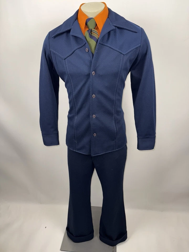 Vtg 60s 70s Leisure Suit Mens Medium Jacket Coat 35 29 Pants Bell Bottom Disco - Image 3 of 4