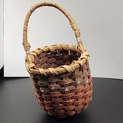 Artisan Miniature Woven Ash Splint Basket   Signed ''JB 91''   Painted Stars decor
