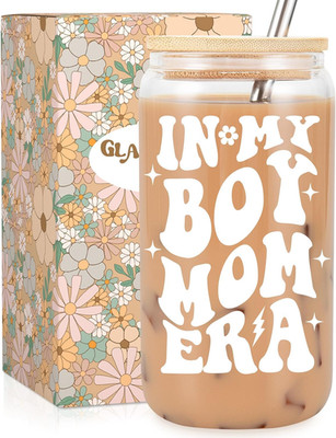Boy Mom Era Iced Coffee Cup, Cute New Mom Gifts, 16 Oz Coffee Glass Cups with Li