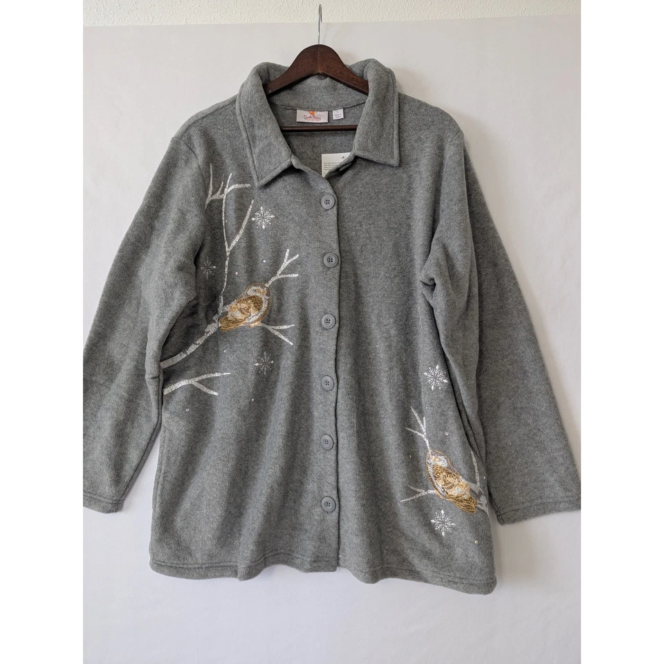 Quacker Factory Fleece Shacket Size L Gray Owl Snowflake Winter Embroidered - Image 2 of 4