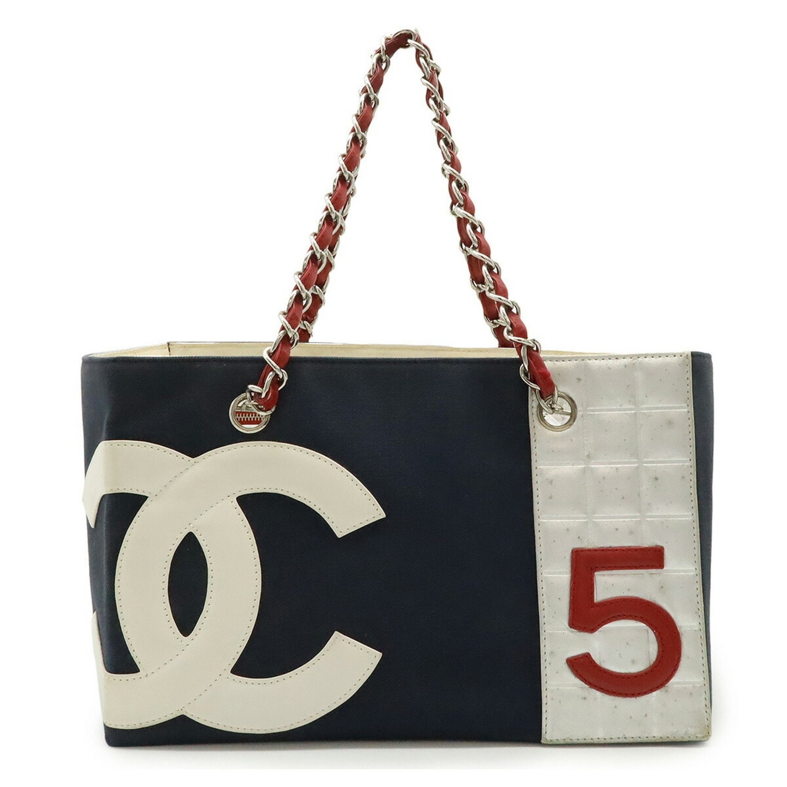 CHANEL Coco Mark No 5 Navy Canvas Leather Tote Bag with Chain Shoulder Strap GZl19d3f