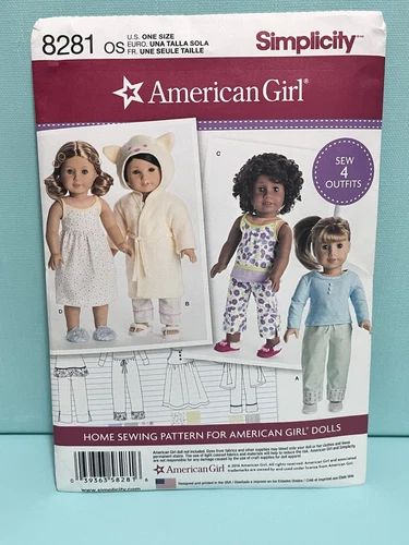 Simplicity 8281 American Girl Doll PJ's 4 Outfits For 18"Doll Uncut Pattern NEW