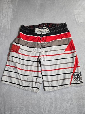 Quicksilver Board Shorts Mens Size 38 Surf Beach Skate Red Black Skull Striped