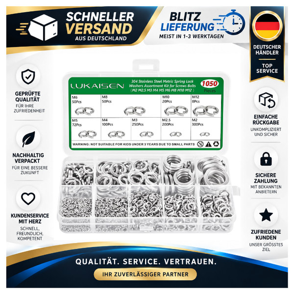 Edelstahl Unterlegscheiben Set 1050 StüCk M2-M12 Spiralfeder 9 GrößEn Federringe-image