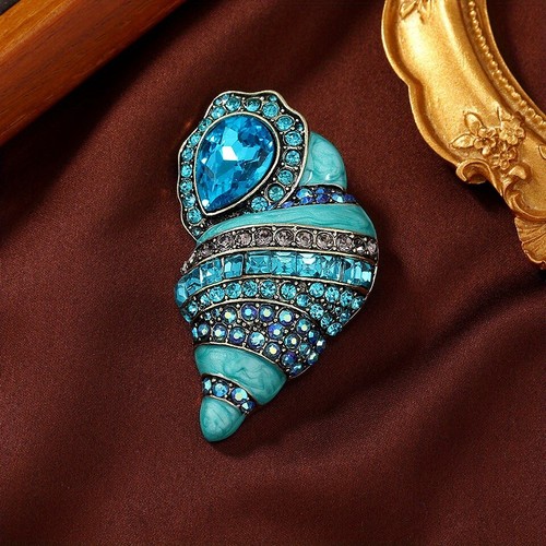 Vintage conch brooch blue enamel inlaid with rhinestones alloy marine shell pin! - Picture 3 of 7