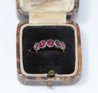 PRETTIEST GEORGIAN 9CT GOLD FIVE GARNET HALF HOOP RING in AMAZING CONDITION