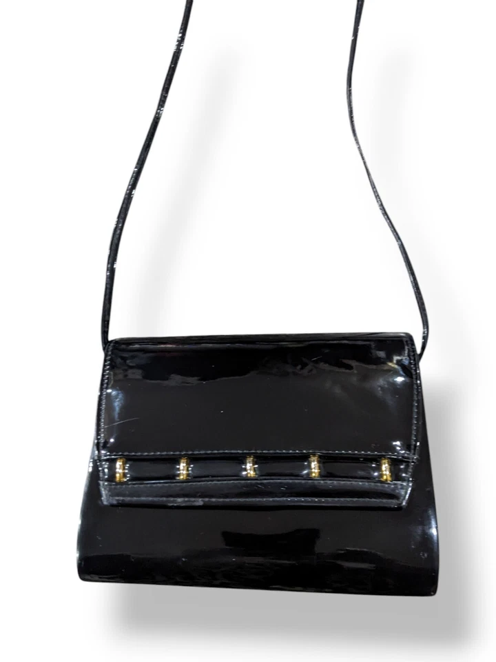 Cartera Bandolera Vintage Ande' Negra Charol Dorado Hardware Box ~ Años 50  Foto 2 de 4