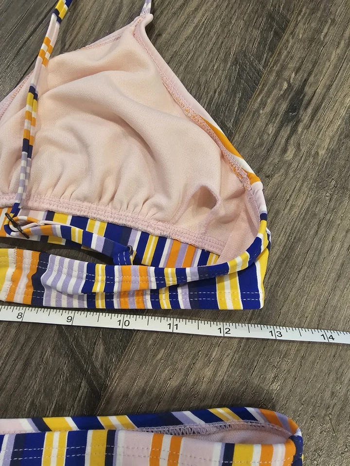 Bikini de laboratorio talla L púrpura naranja amarillo a rayas recortado bikini vacaciones de San Valentín Foto 3 de 4