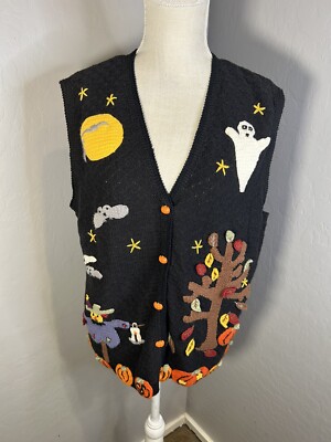 Karen Scott Embellished Halloween Fall Vest Pumpkin Leaves Scarecrow Medium
