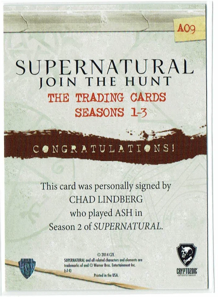 Supernatural Seasons 1-3 Auto Autograph A09 Chad Lindberg as Ash INSCRIPTION - Image 2 of 2