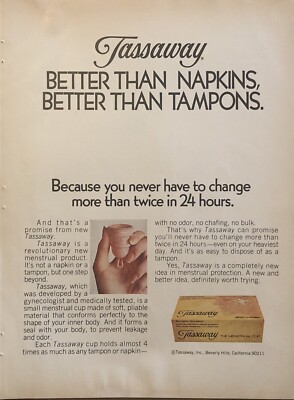 1972 Tassaway Menstrual Cups PRINT AD Better Than Napkins & Tampons VTG 1970s