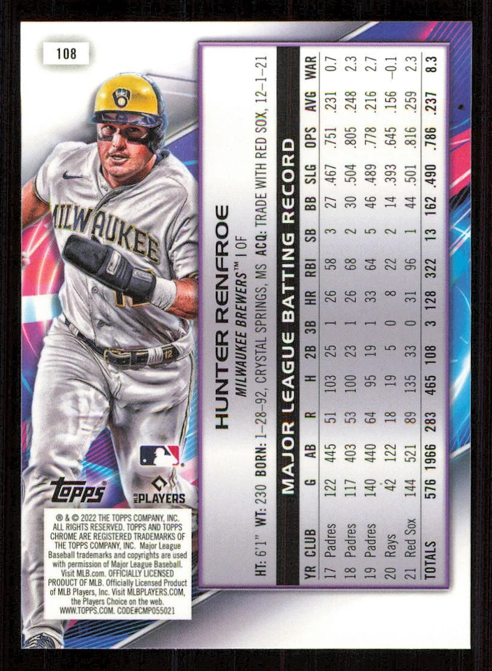 2022 Topps Cosmic Chrome #108 Hunter Renfroe - Image 2 of 2