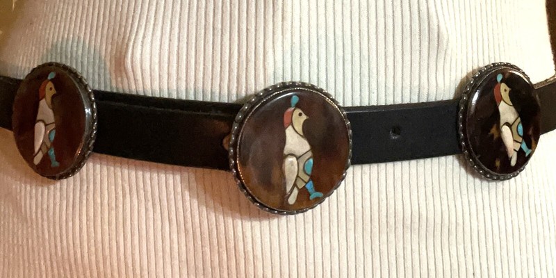 Zuni quail Concho Belt buckle + 7  conchos Inlay turquoise,  Attrib. Elliot Qual
