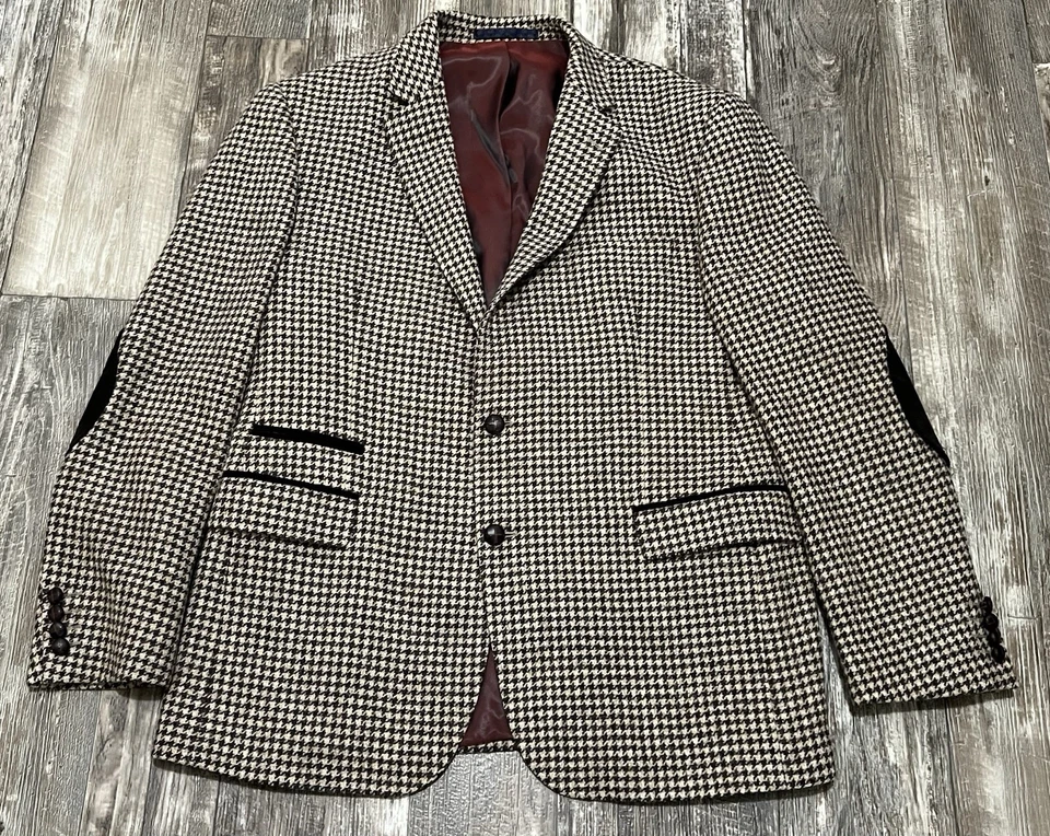 Marks And Spencer Blazer Mens 44 Houndstooth Moon Wool Tailored Elbow Patch - Image 2 of 4