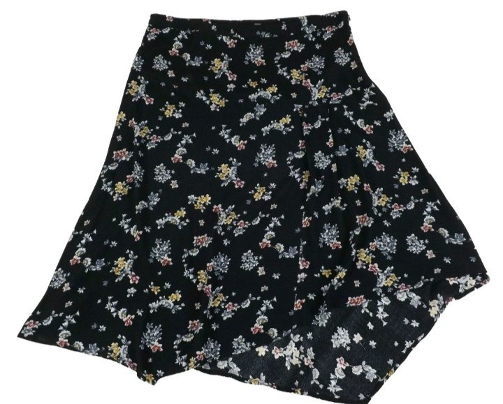 Skirt Dark Navy Black Size 16 Floral Print Flared Midi Asymmetric Hem Crepe