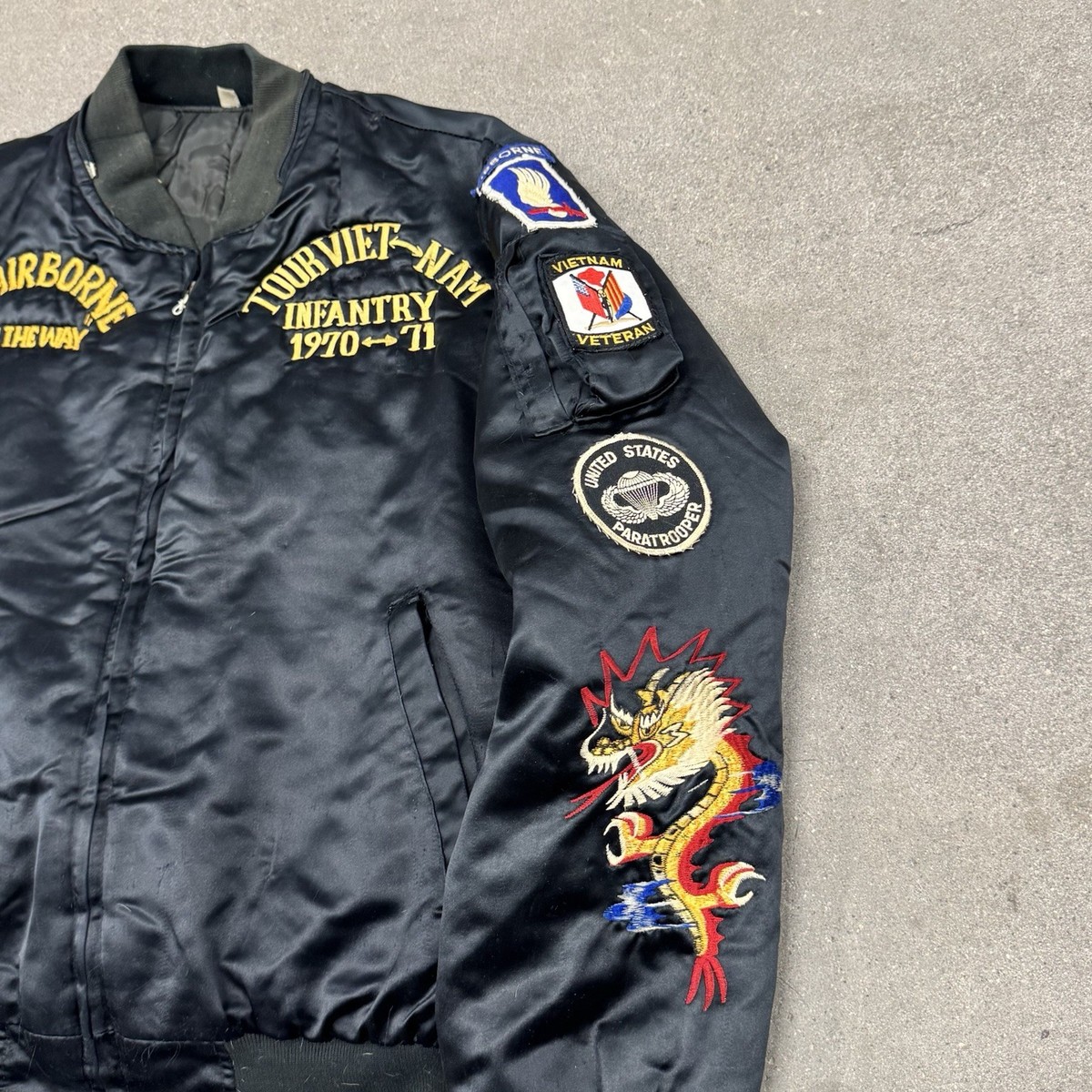 VTG Vietnam Tour Style Satin Bomber Jacket Dragon Embroidery