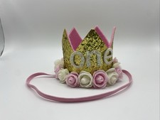 Baby Girl 1st Birthday Crown Gold Glitter  One  Pink Rose Tiara Cake Smash