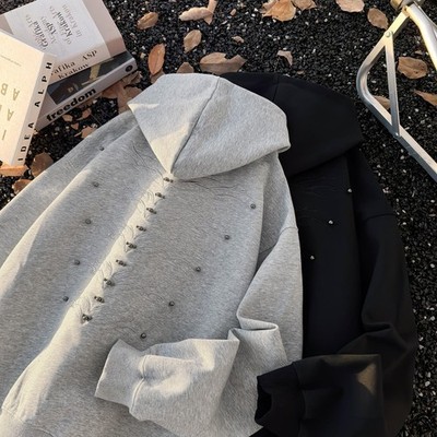 Herren schwarz grau Hoodie Sweatshirt Y2K Nieten Detail locker Freizeit Training