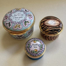 Lot 3 Halcyon Days Enamel Boxes Trinket Boxes Valentine Tiger Thank You England