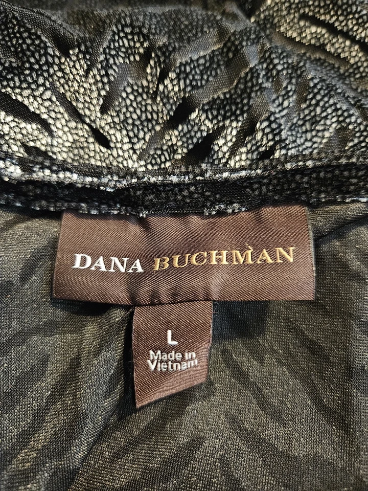 Blusa Dana Buchman para mujer cuello drapeado en L negra terciopelo Burnout animal brillante Foto 4 de 4