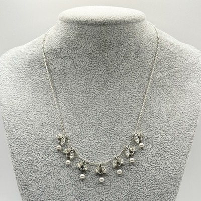 Signed Napier Rhinestone & Faux Pearl Silver Tone Necklace