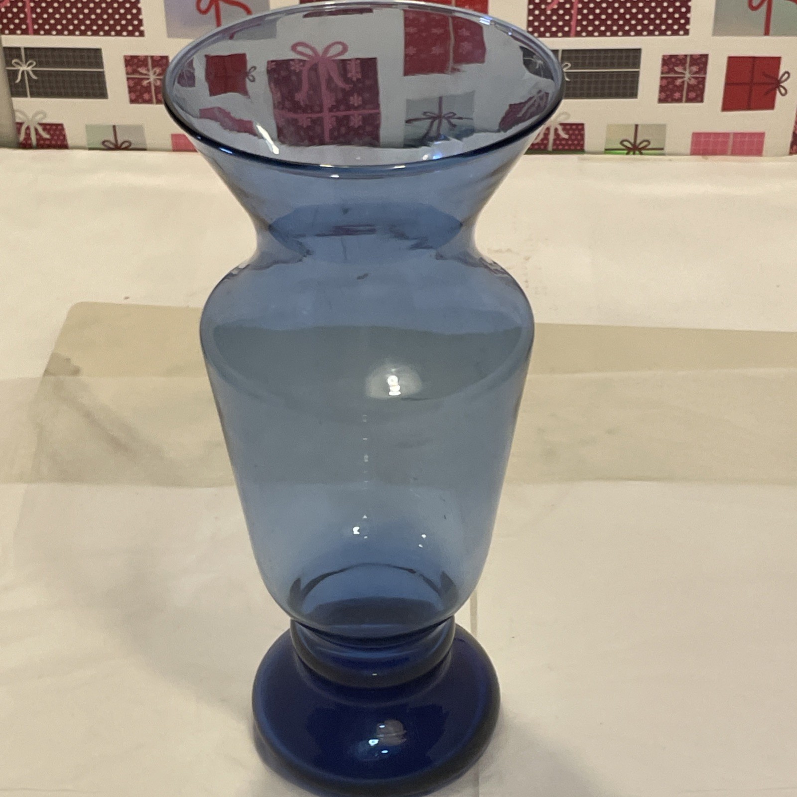 VTG Krosno Polish Art Cobalt Blue Smokey Handblown Pedestal Hurricane Vase 10.5”