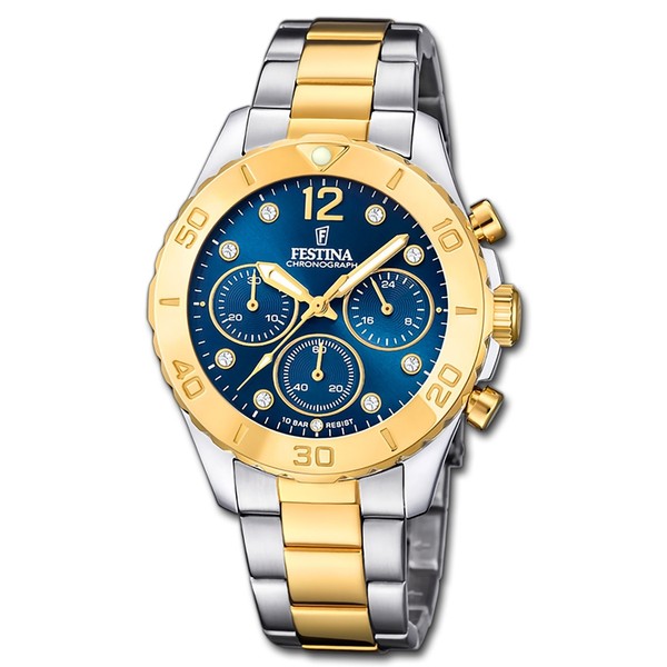Festina Damen Armbanduhr Boyfriend Quarz Edelstahl Silber Gold UF20604/3-image