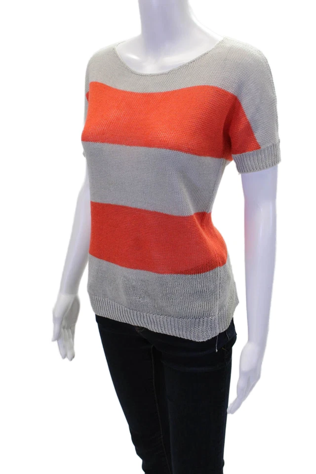 Theory Womens Linen Short Sleeve Round Neck Knitted Striped Sweater Gray Size S - Image 2 of 4