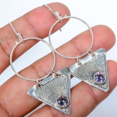 Mystic Topaz Sand Paper Textured Gemstone 925 Silver Handmade Earring 2.42'' T942