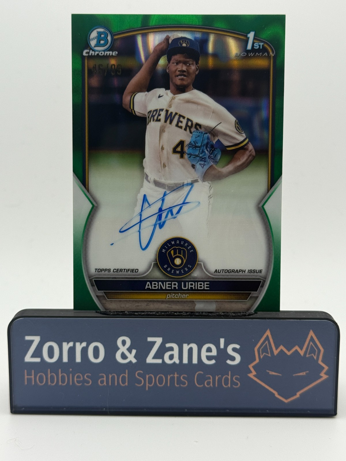 Abner Uribe 2023 Bowman Chrome 1st Auto RC Green Lava Refractor /99 #CPA-AU