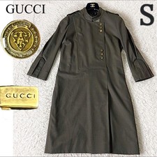 GUCCI Military Dress Size S Knee Length Stylish Gold Button Khaki