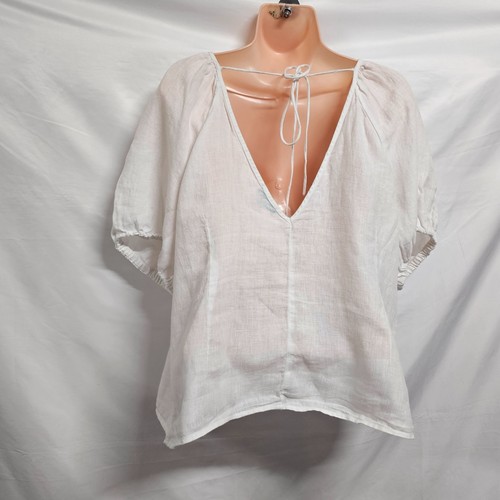 J. Rundhalsausschnitt V-Ausschnitt Puffärmel Top Bluse Shirt Damen Größe 18 Weiß Leinen - Bild 5 von 11