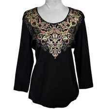 NEW Rebecca Malone Black & Gold Beaded Knit Top Size XL P Glam Sequin T Shirt