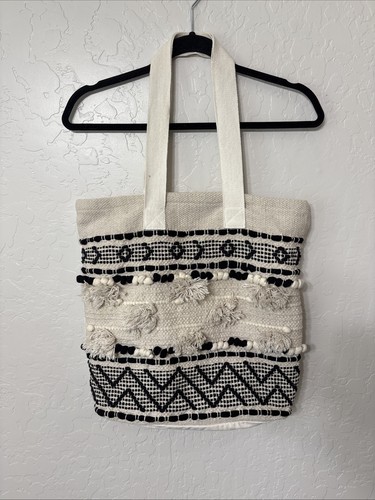 BOHO Chic Tote Purse Bag Cream Black Pom Tassel Bohemian, Hippie 100% Cotton