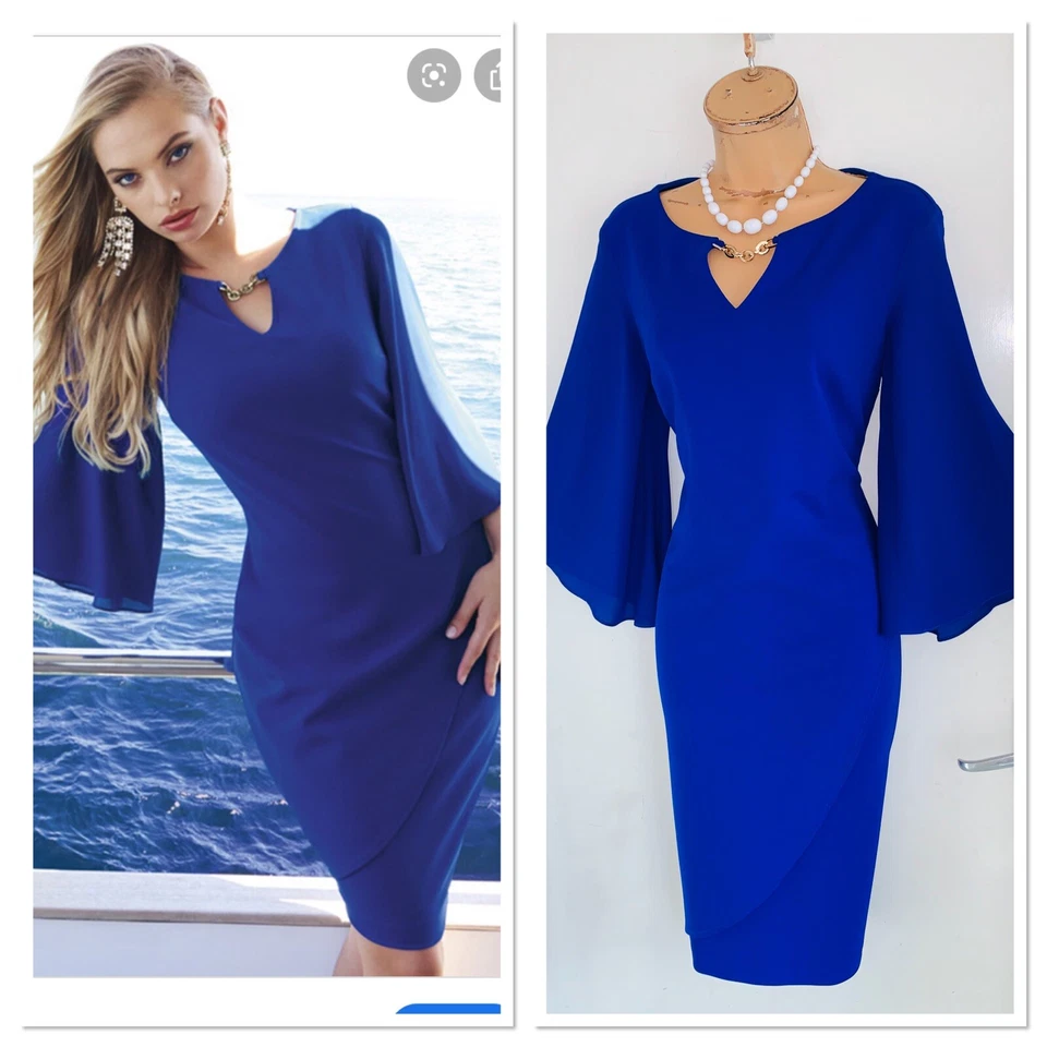 JOSEPH RIBKOFF Royal Sapphire Blue Dress Uk Size 10 With Keyhole Neckline - Image 2 of 4