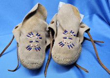 Vintage Beaded Childs Leather Moccasins Red White Blue Beads