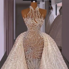 White Luxury Wedding Dress With Detachable Train For Bride Dubai 2025 Pearls