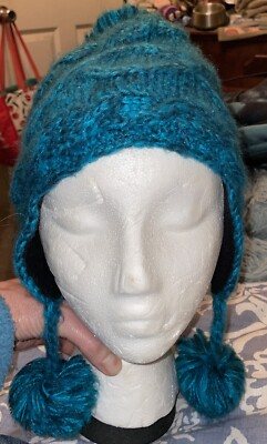 Women s PISTIL Green Knit Hat w/Ear Flaps & Pom Pom Fleece Lined
