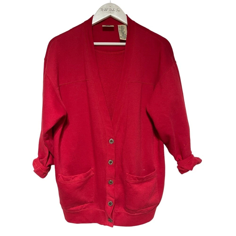 Vintage Sweatshirt Material Red 5 Button Front Cardigan Medium eBay