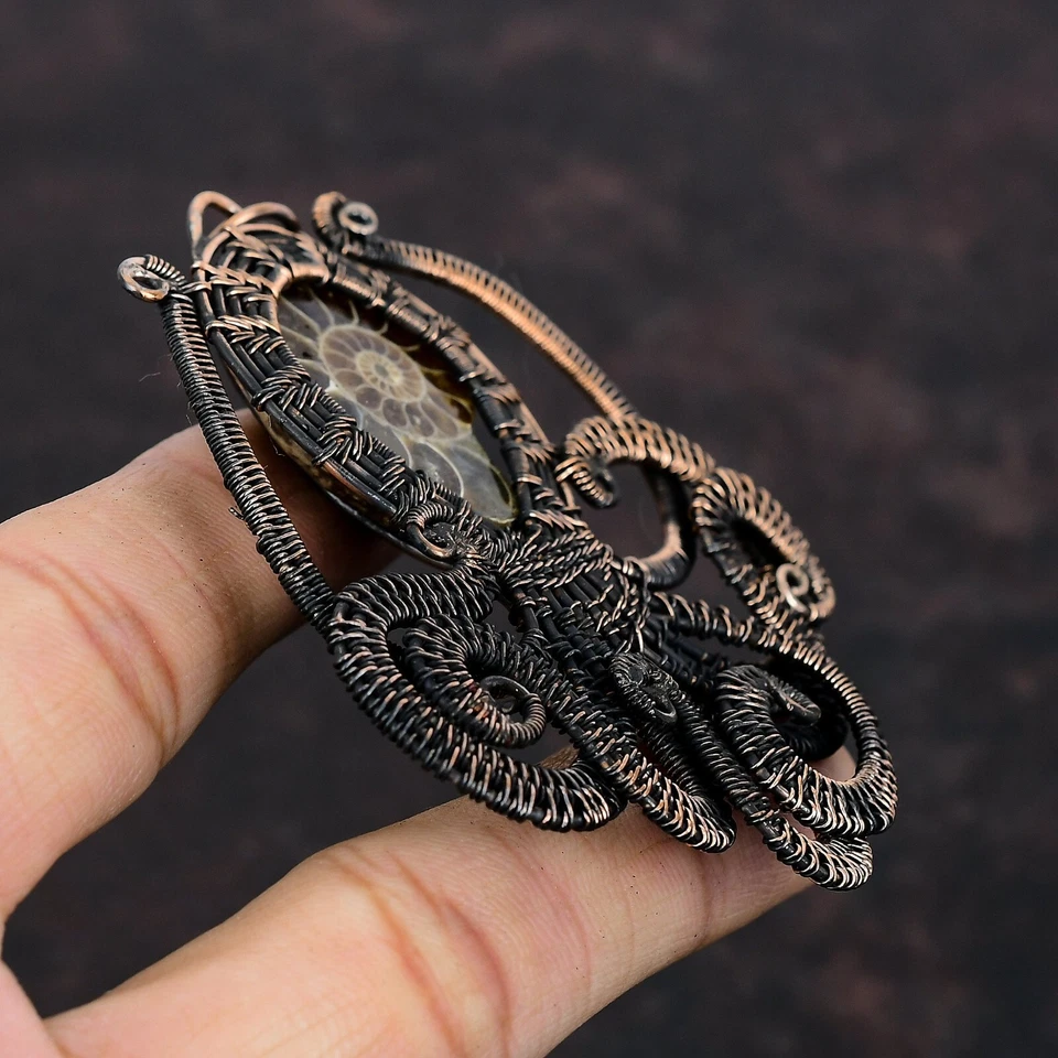 Ammonite Fossil Copper Bestie Gift Wire Wrapped Octopus Pendant 3.23" - Image 3 of 4